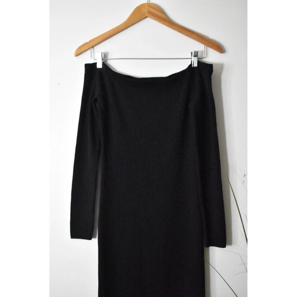 Michael Kors Sweater Dress Womens Large Black Modern Off-Shoulder Ribbed Knit